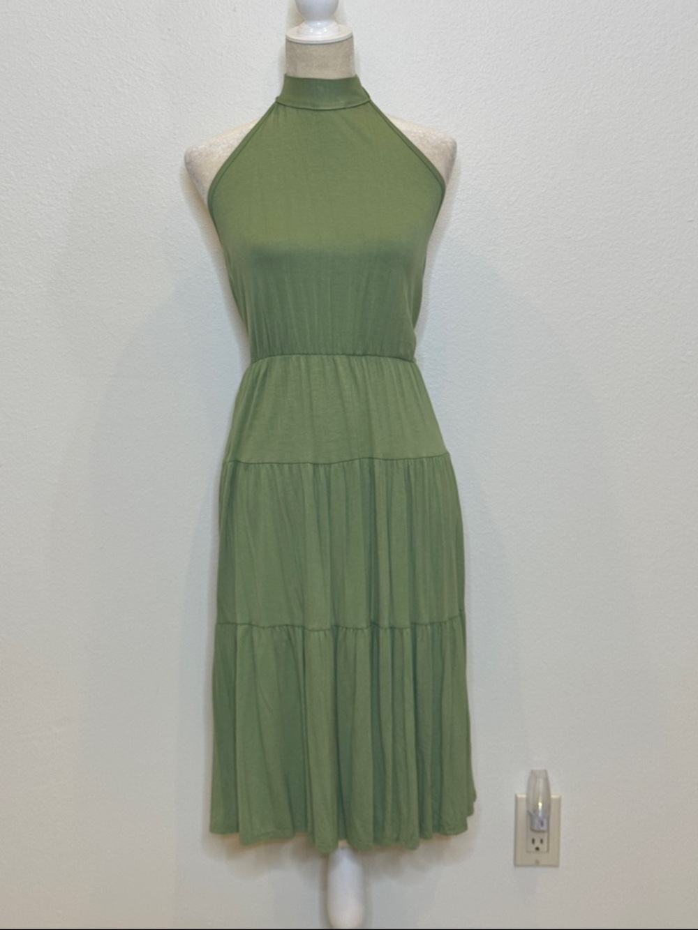 Halter Neck Tiered Midi Dress in Olive Green